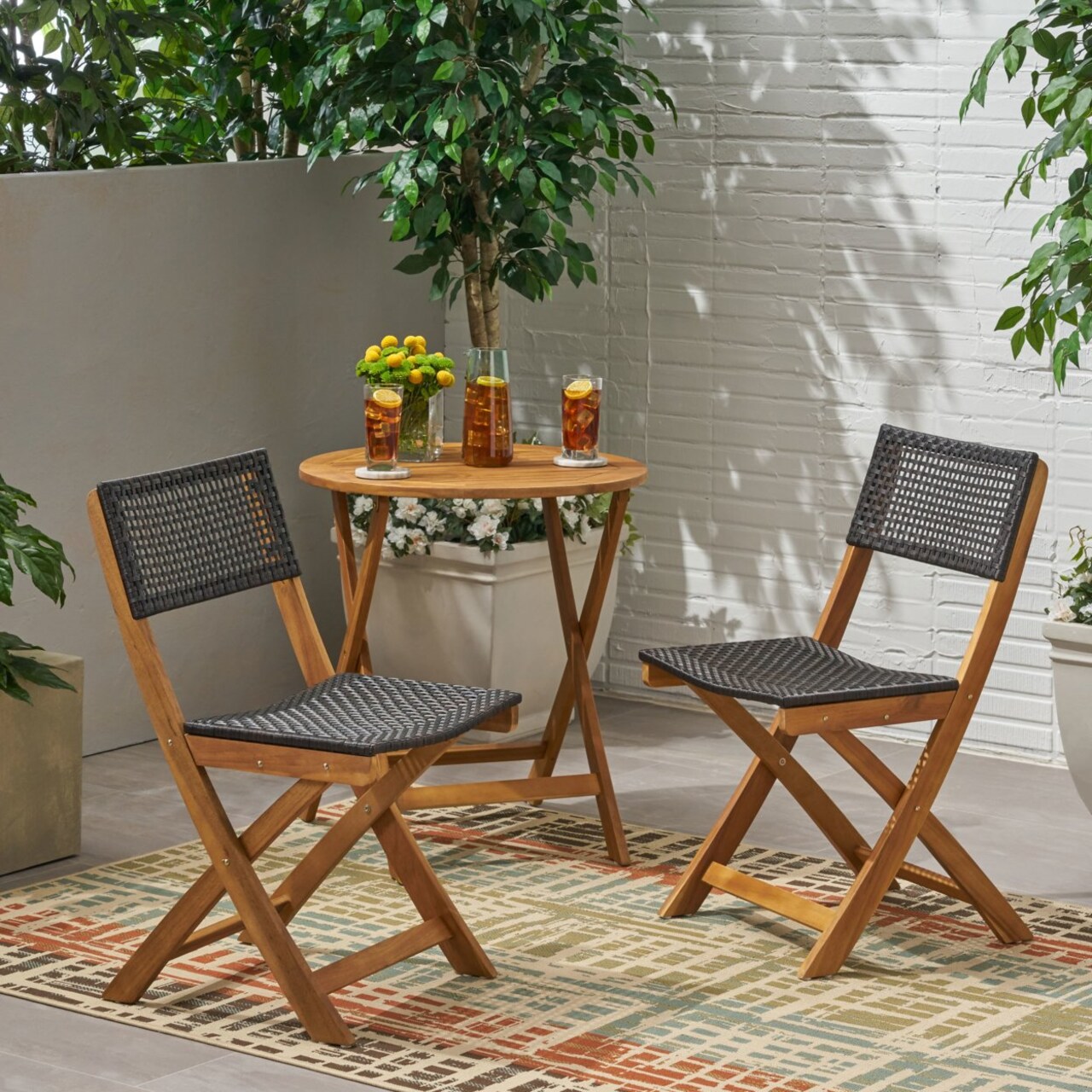 GDFStudio Ida Outdoor Acacia Wood Foldable Bistro Chairs with Wicker Seating (Set of 2)